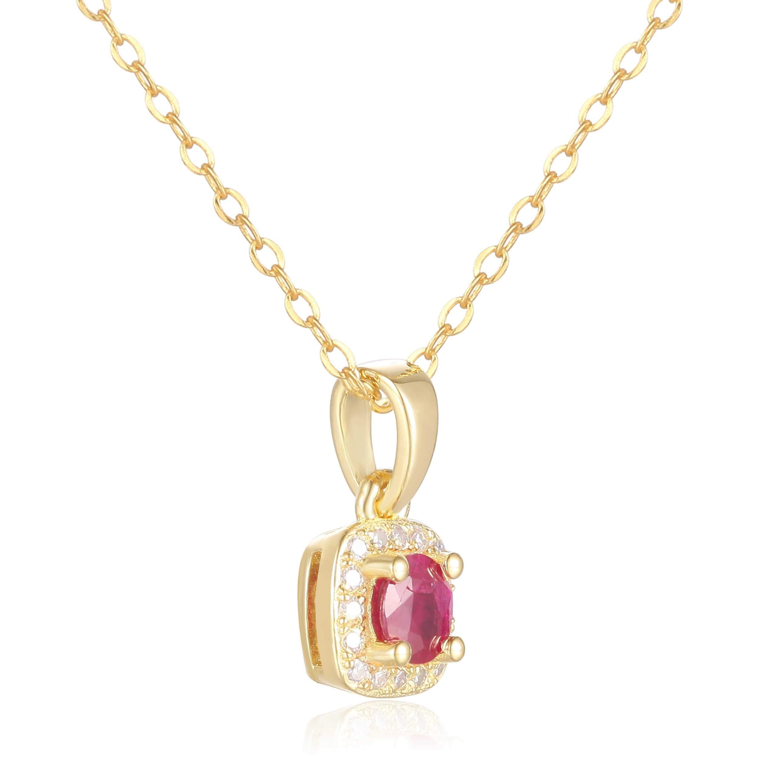 Ruby Pendant Necklace Ruby Solitaire Dainty July Birthstone Leo Gift Halo Necklace Gold Plated Ruby Silver Necklace Valentines Gift for Her - FineColorJewels