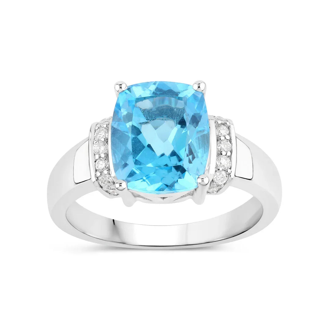 Natural Swiss Blue Topaz and Diamond Cushion Cut Ring