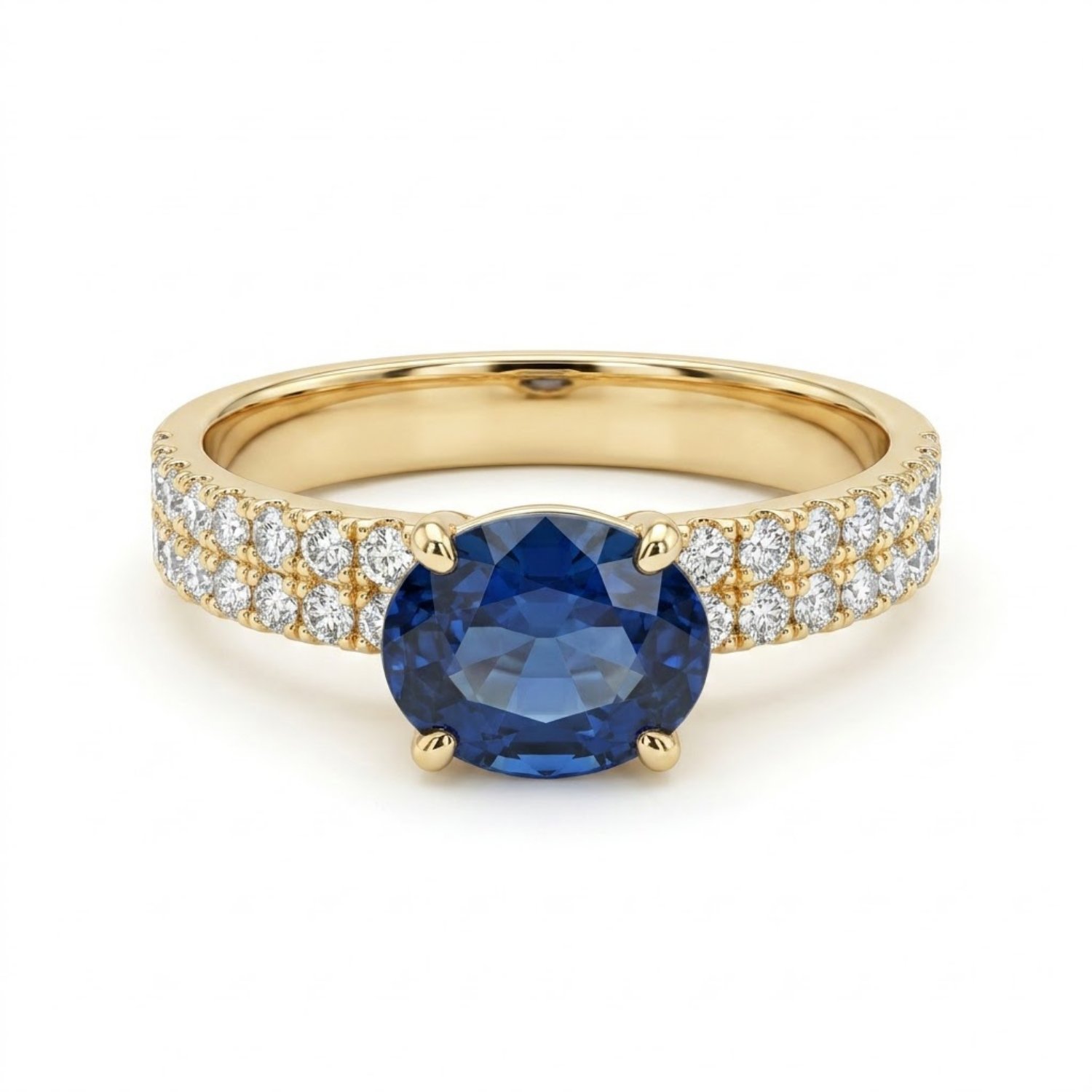 1.46 CTTW Oval Gemstone Double Row Pave Band 14k Yellow Gold Engagement Ring