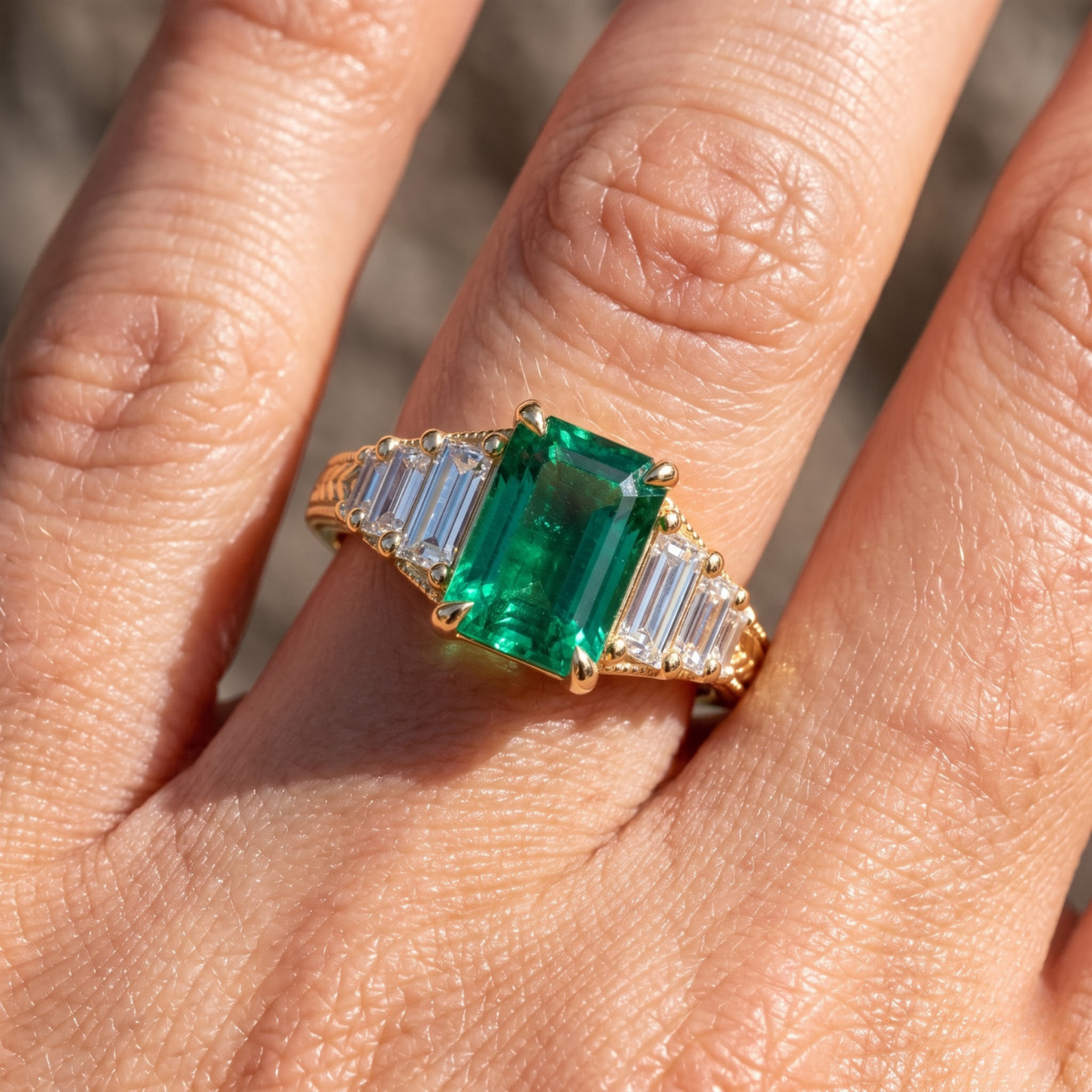Octagon Sapphire, Emerald, Ruby and Lab Diamond 14K Yellow Gold Tapered Band Engagement Ring