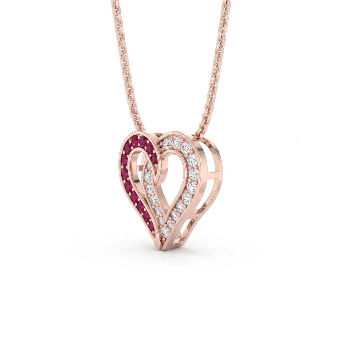 0.64 cttw Round Red Ruby and Lab Grown Diamond 14K Gold Pave Open Heart Pendant Necklace
