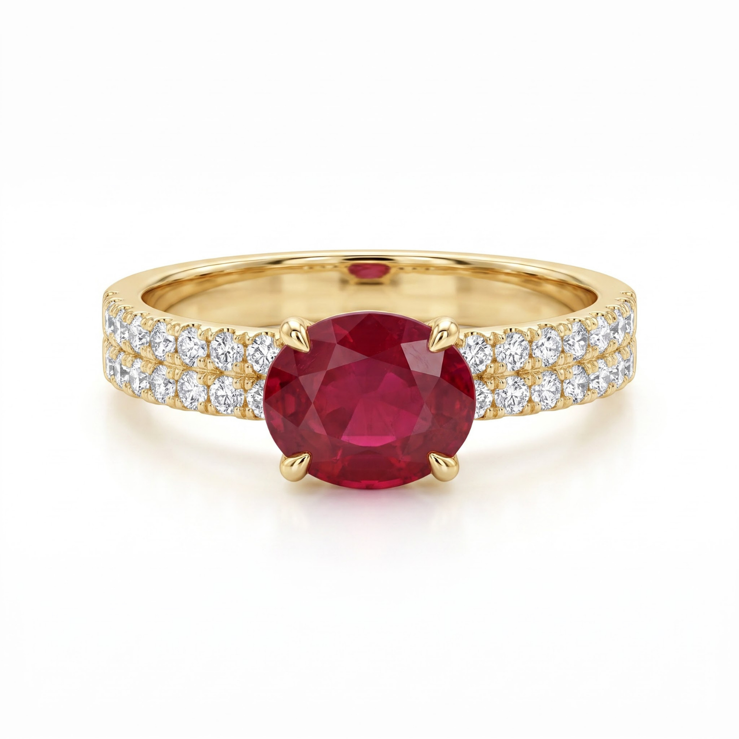 1.46 CTTW Oval Gemstone Double Row Pave Band 14k Yellow Gold Engagement Ring