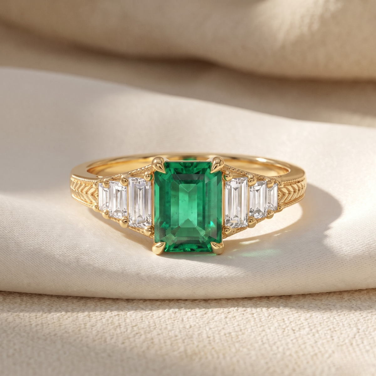 Octagon Sapphire, Emerald, Ruby and Lab Diamond 14K Yellow Gold Tapered Band Engagement Ring