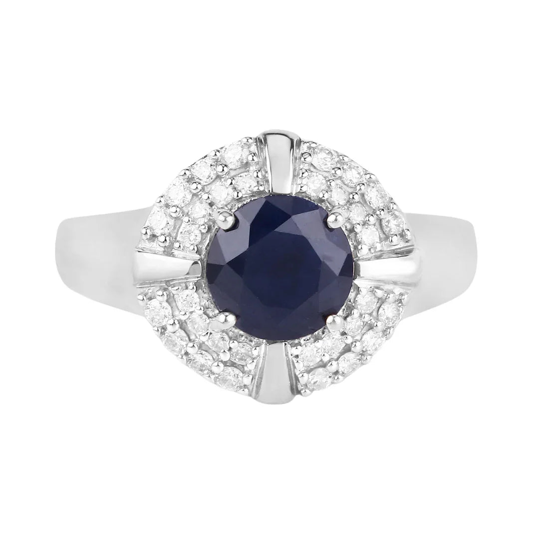 Genuine 10K Blue Sapphire and White Diamond Halo Ring