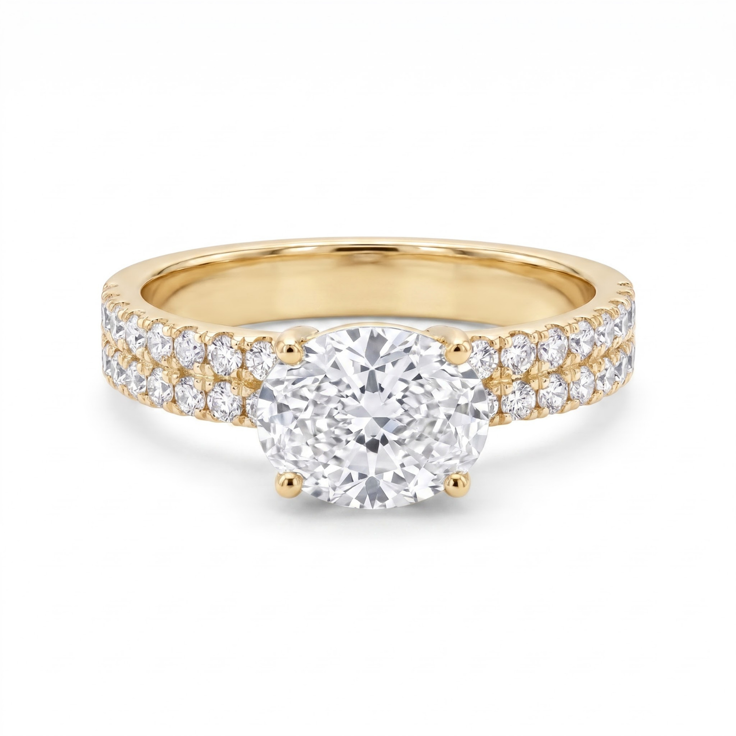1.46 CTTW Oval Gemstone Double Row Pave Band 14k Yellow Gold Engagement Ring