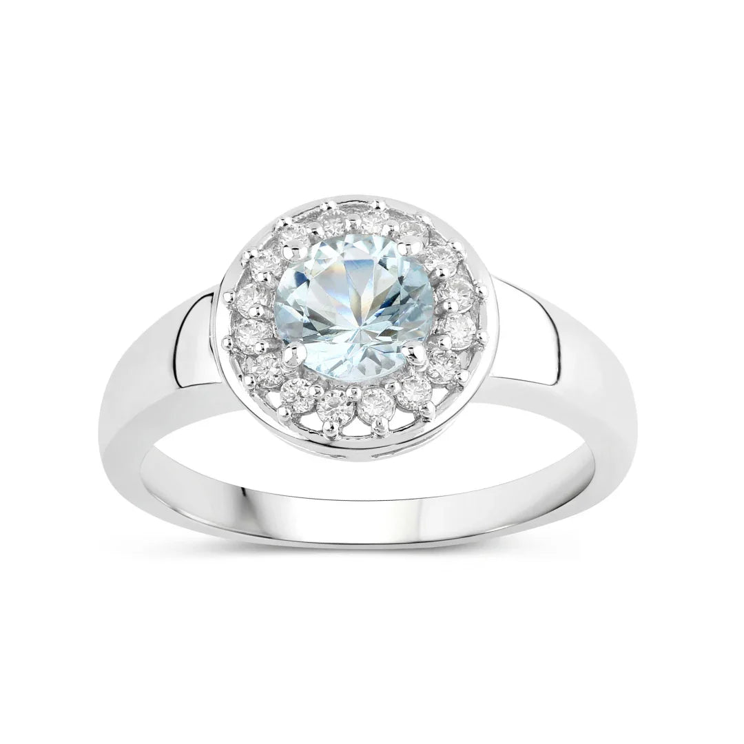 Natural Aquamarine and Lab Diamond Halo Ring
