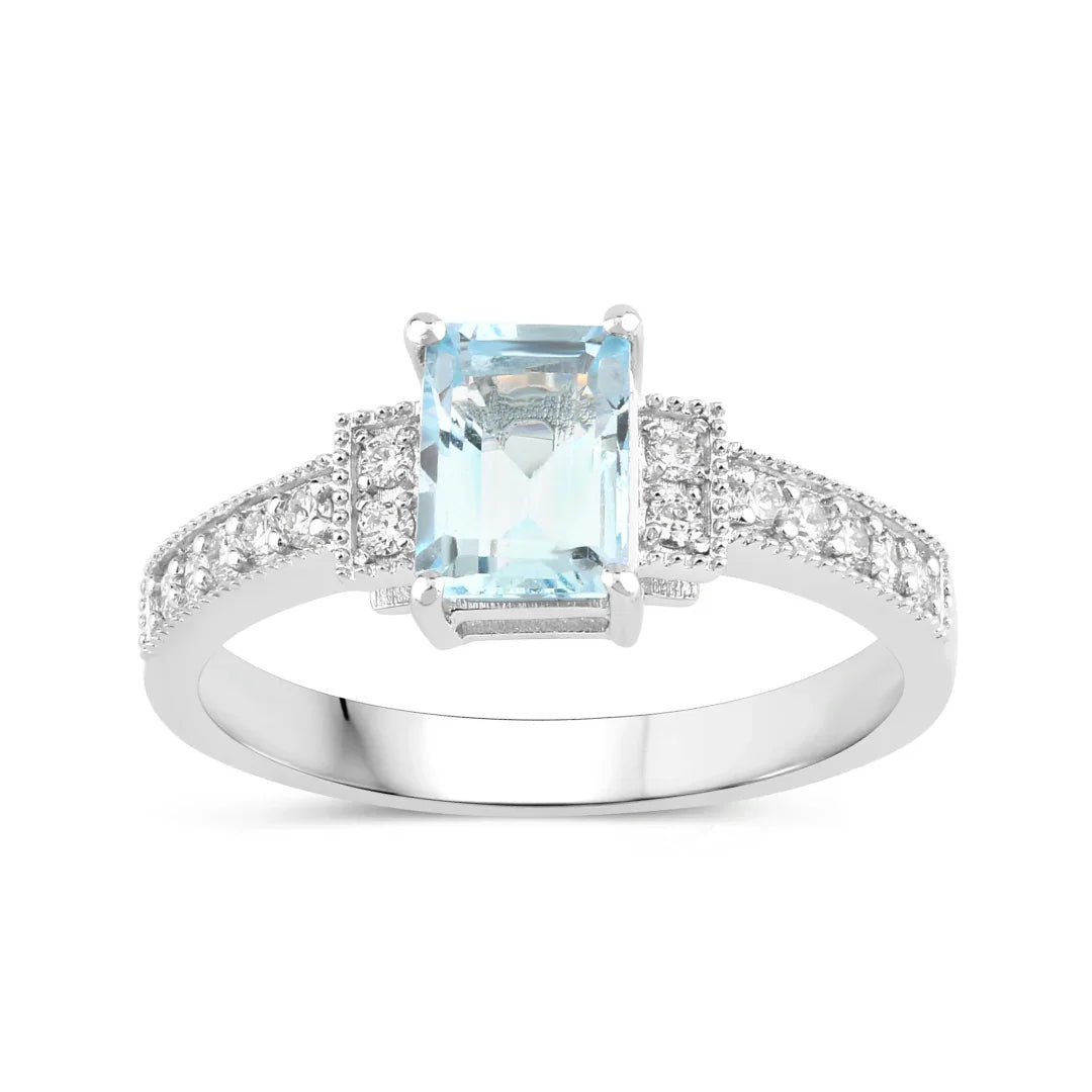 Natural Aquamarine and Lab Diamond Ring