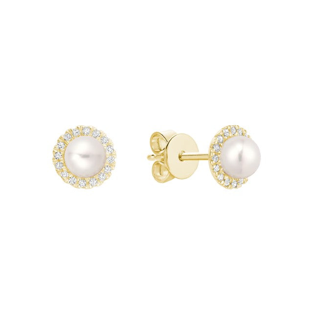 Mini Pearl and Diamond Halo Stud Earrings 10k Gold