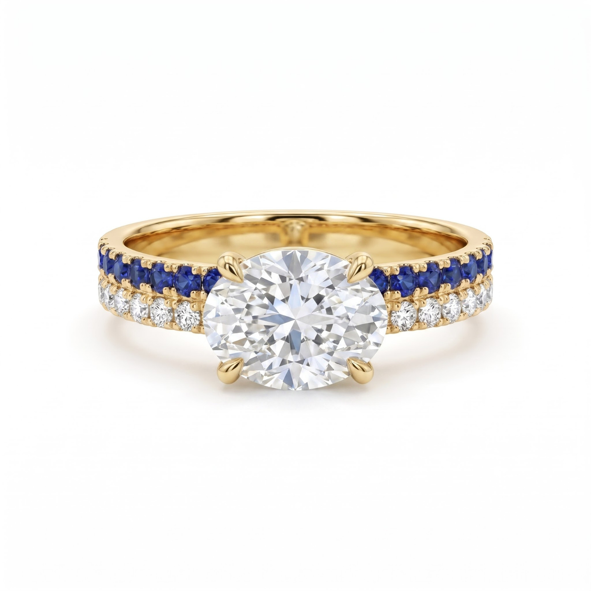 1.46 CTTW Oval Lab Grown Diamond Double Row Pave Band 14k Yellow Gold Engagement Ring