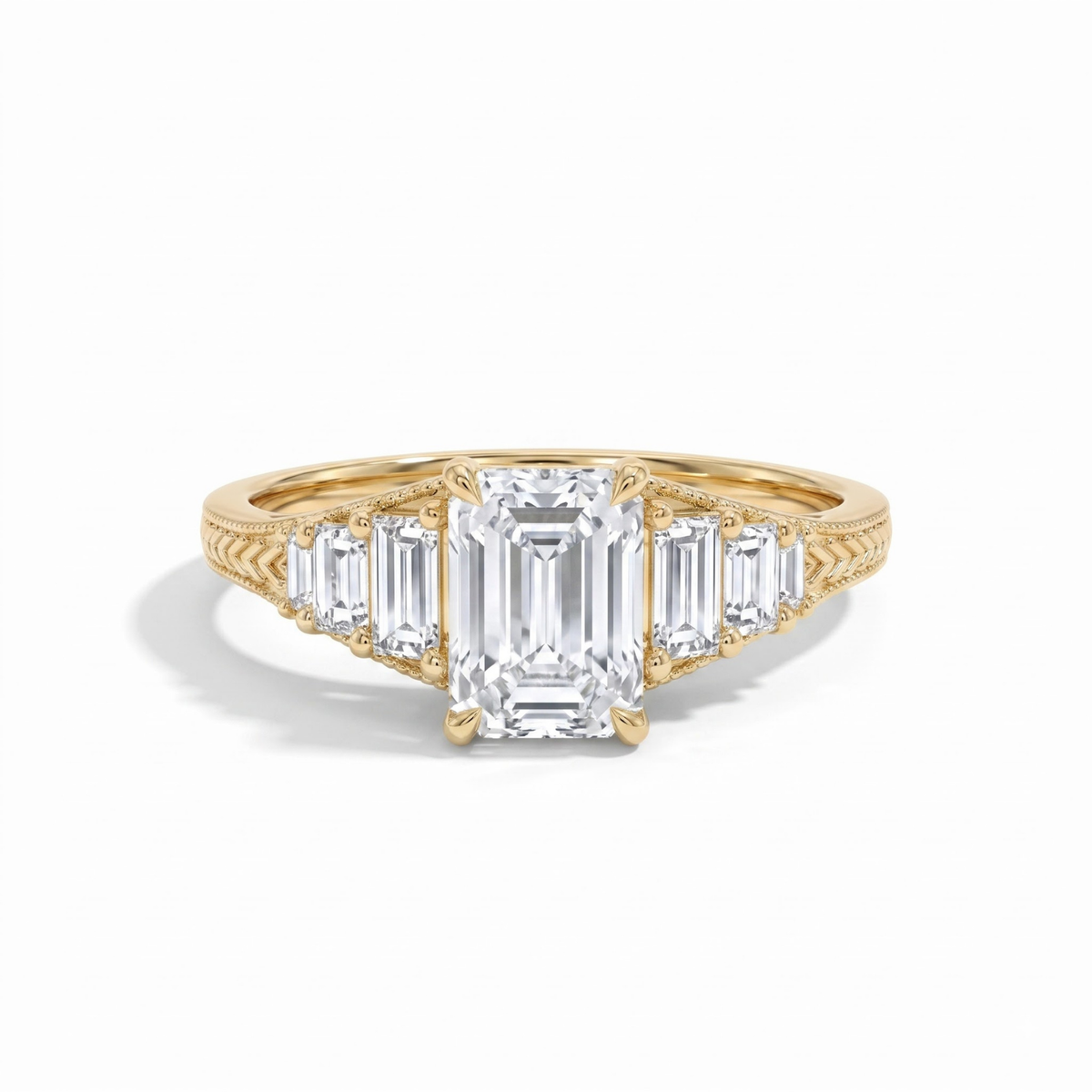 Octagon Sapphire, Emerald, Ruby and Lab Diamond 14K Yellow Gold Tapered Band Engagement Ring