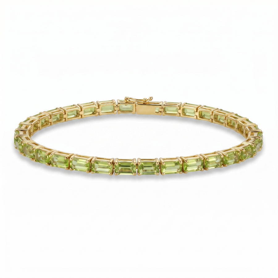 9.63 Cttw Emerald Cut Green Peridot Prong Tennis Yellow Gold Plated Silver Bracelet