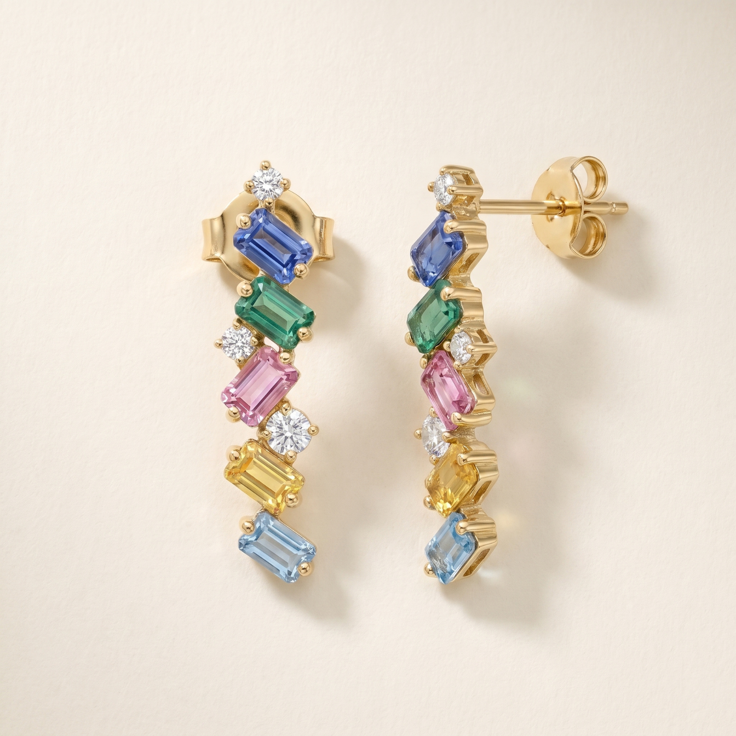 IGI Certified 0.97 Ct Multi Color Unheated Sapphire and Diamond 14K Yellow Gold Zigzag Drop Earrings