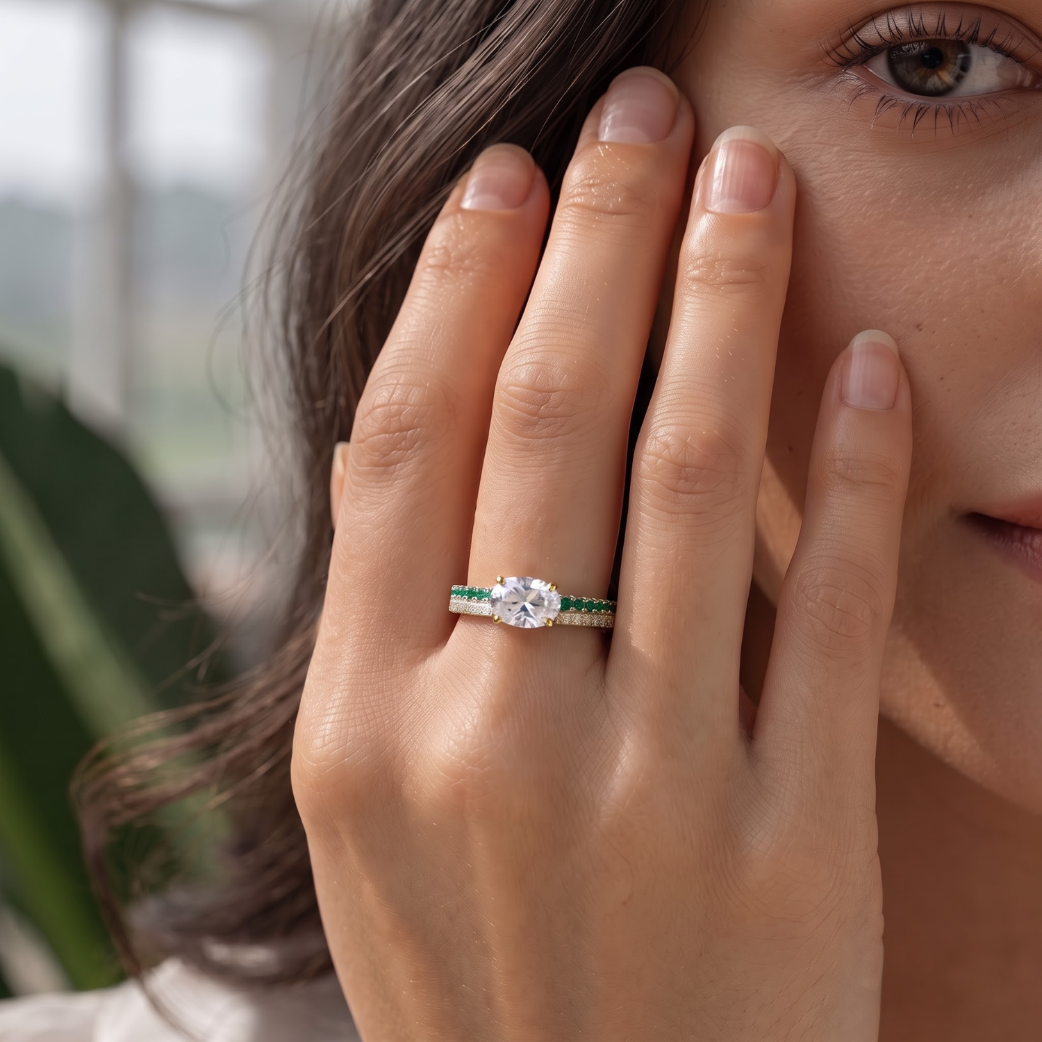 1.46 CTTW Oval Lab Grown Diamond Double Row Pave Band 14k Yellow Gold Engagement Ring