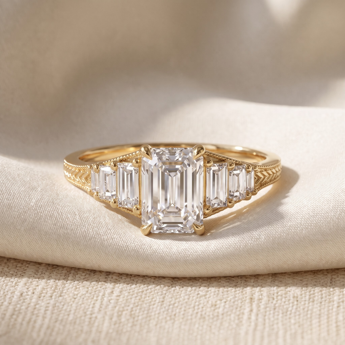 Octagon Sapphire, Emerald, Ruby and Lab Diamond 14K Yellow Gold Tapered Band Engagement Ring