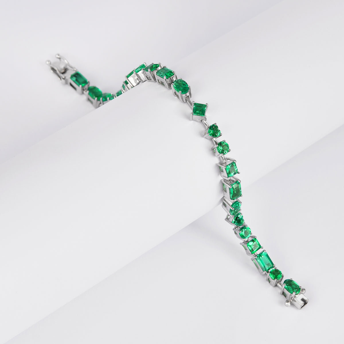 9.29 CTTW  Multi-Shape Green Created Colombian Emerald Rhodium-Plated Silver Multi-Stone Bracelet