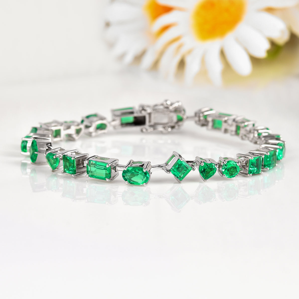 9.29 CTTW  Multi-Shape Green Created Colombian Emerald Rhodium-Plated Silver Multi-Stone Bracelet