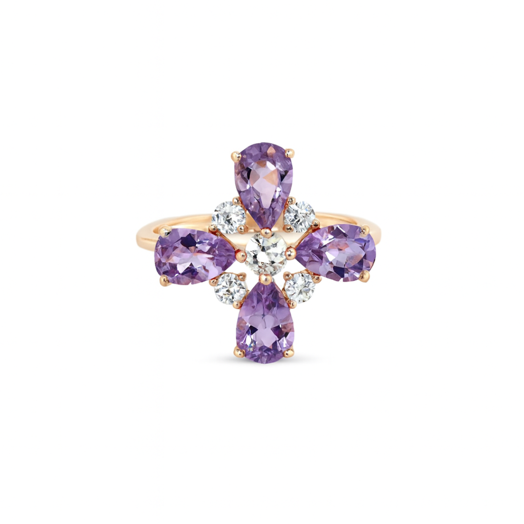 Natural Amethyst Four Leaf Clover Ring