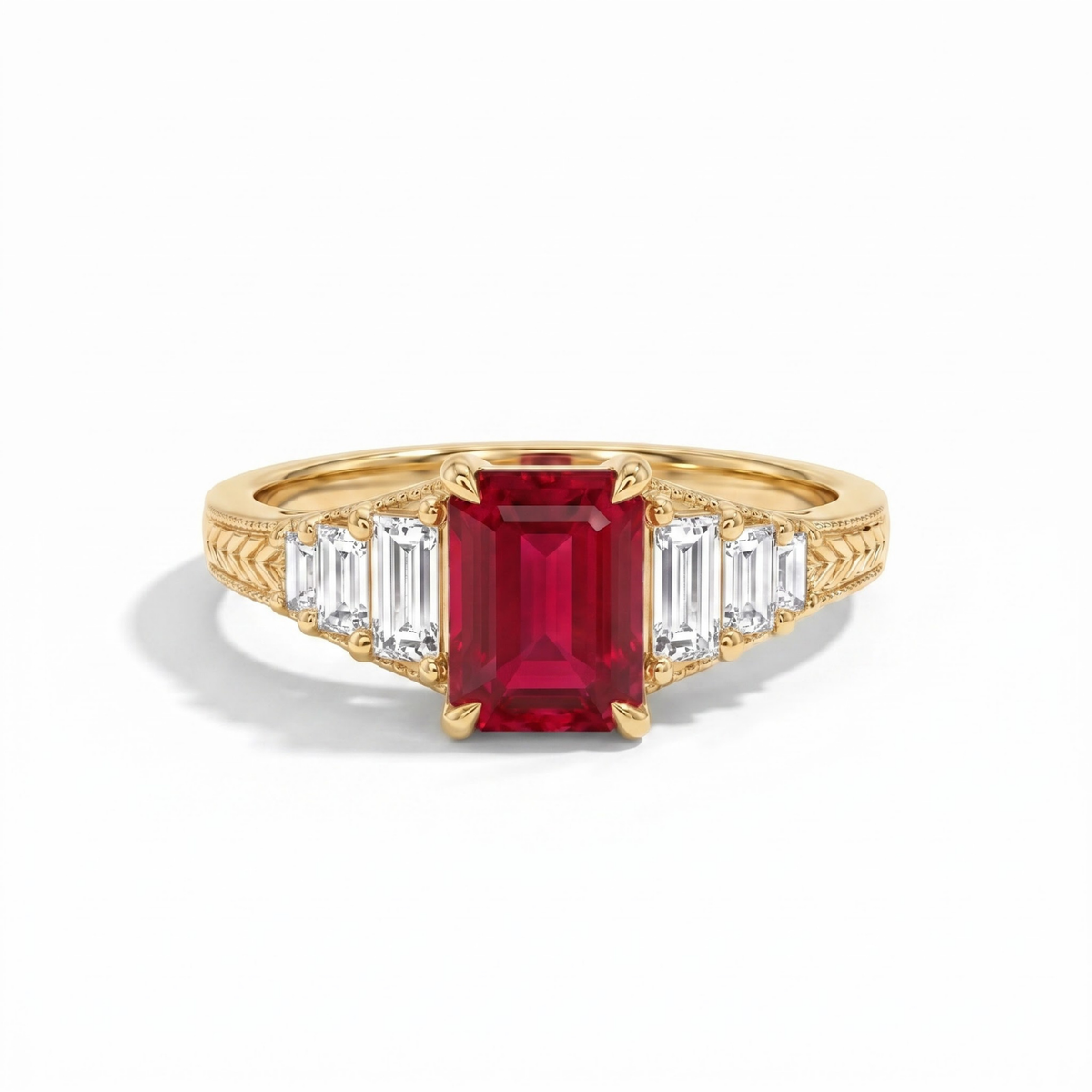 Octagon Sapphire, Emerald, Ruby and Lab Diamond 14K Yellow Gold Tapered Band Engagement Ring