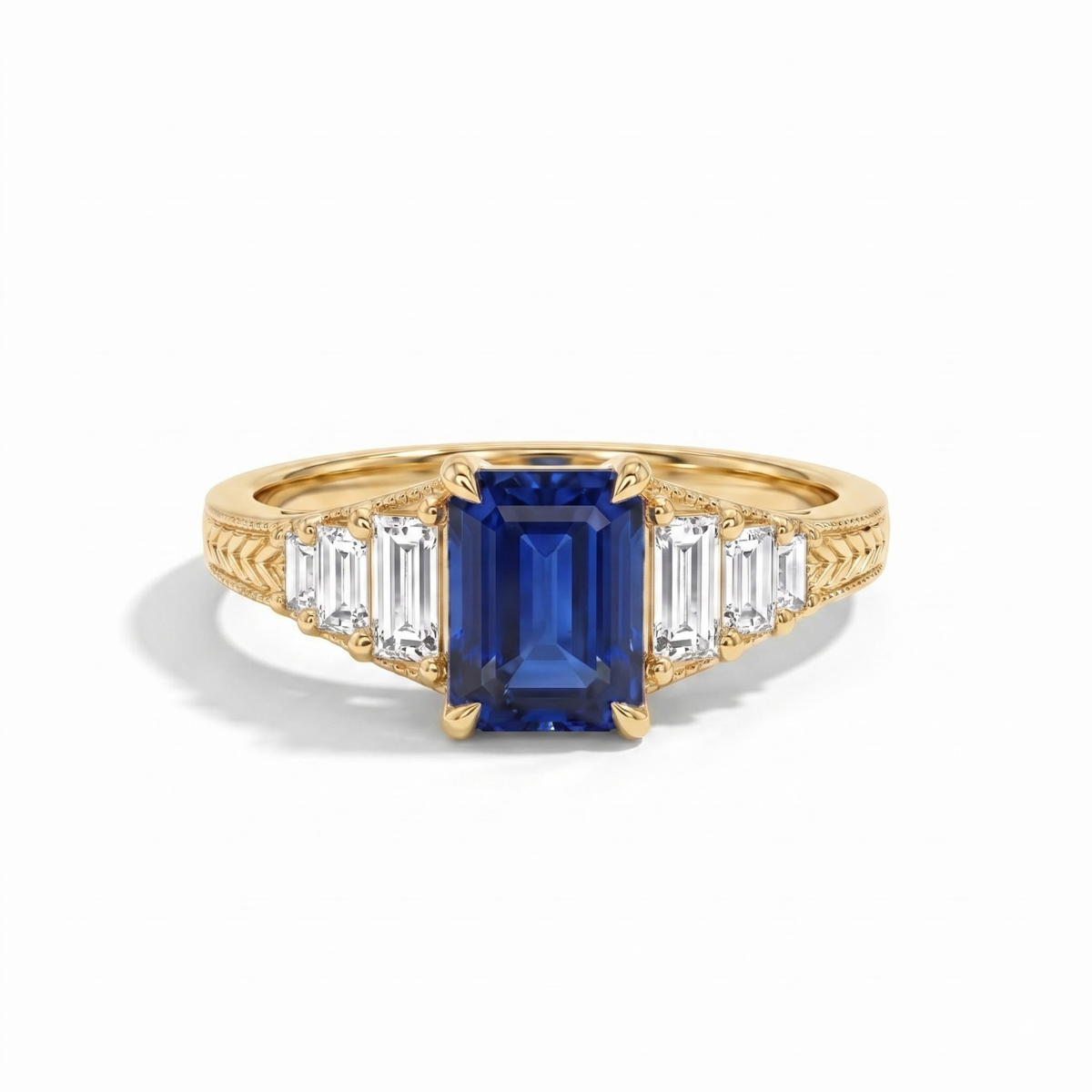 Octagon Sapphire, Emerald, Ruby and Lab Diamond 14K Yellow Gold Tapered Band Engagement Ring