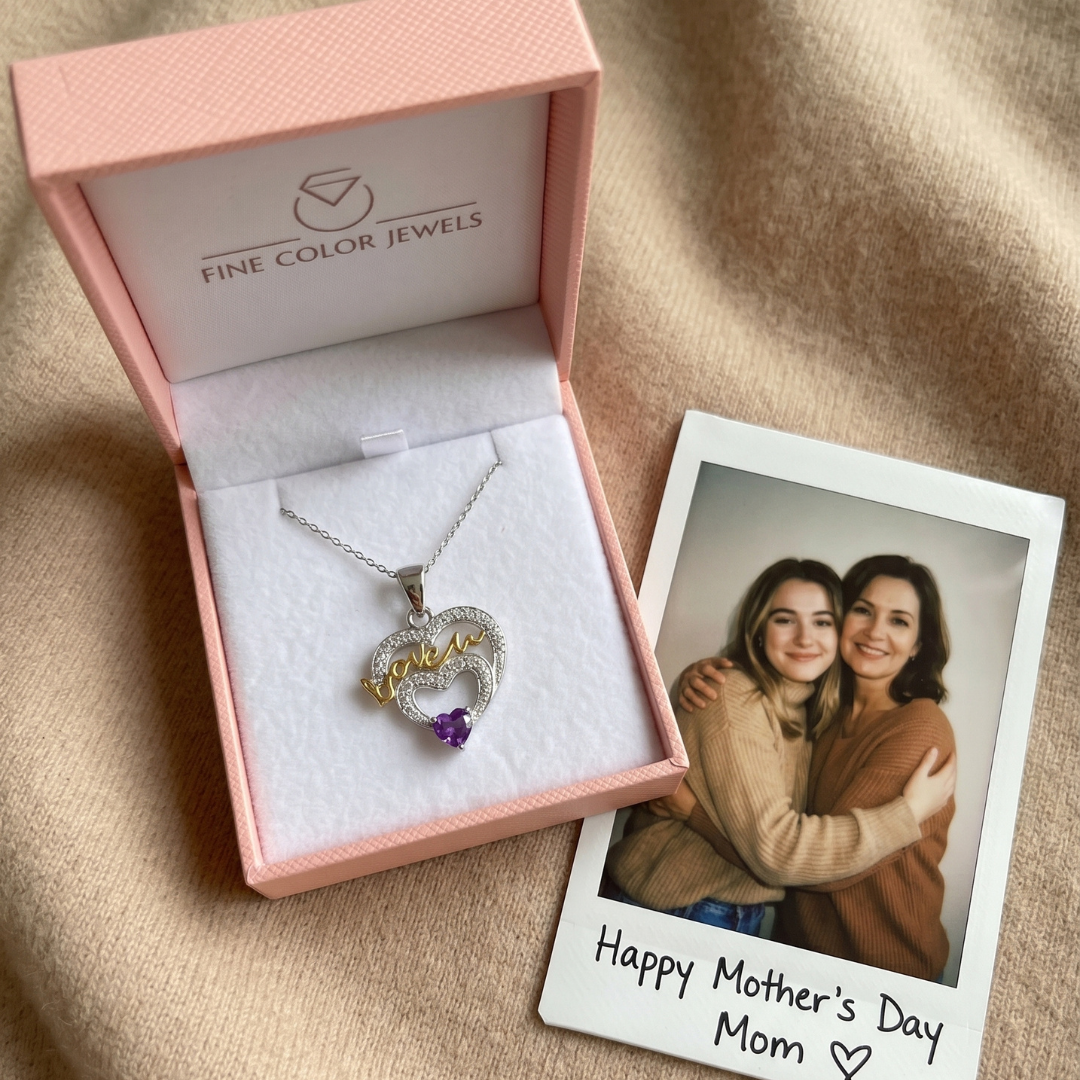 Heart Purple Amethyst Prong Silver Mom Charm Necklace