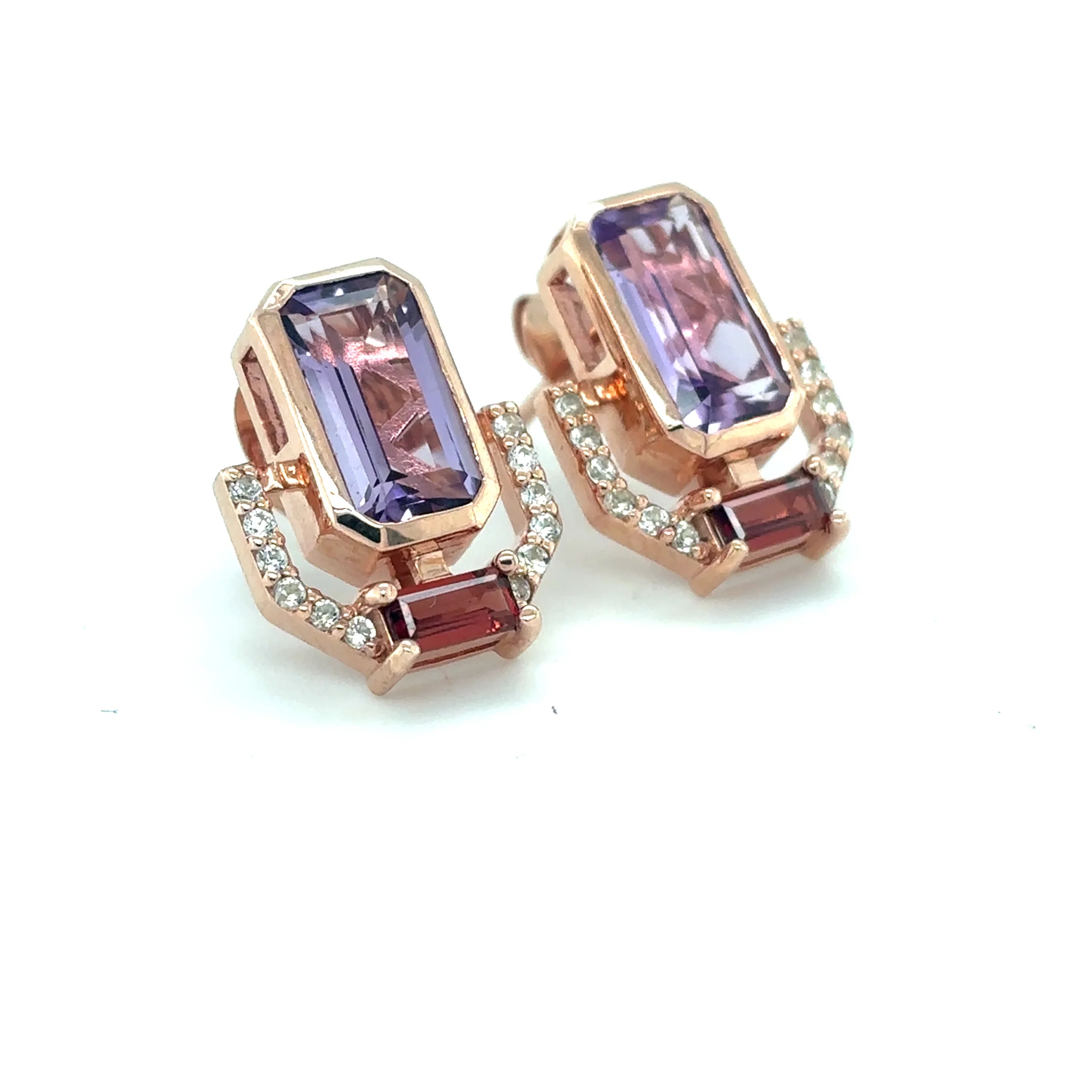 Emerald Cut Purple Amethyst Silver Stud Earrings