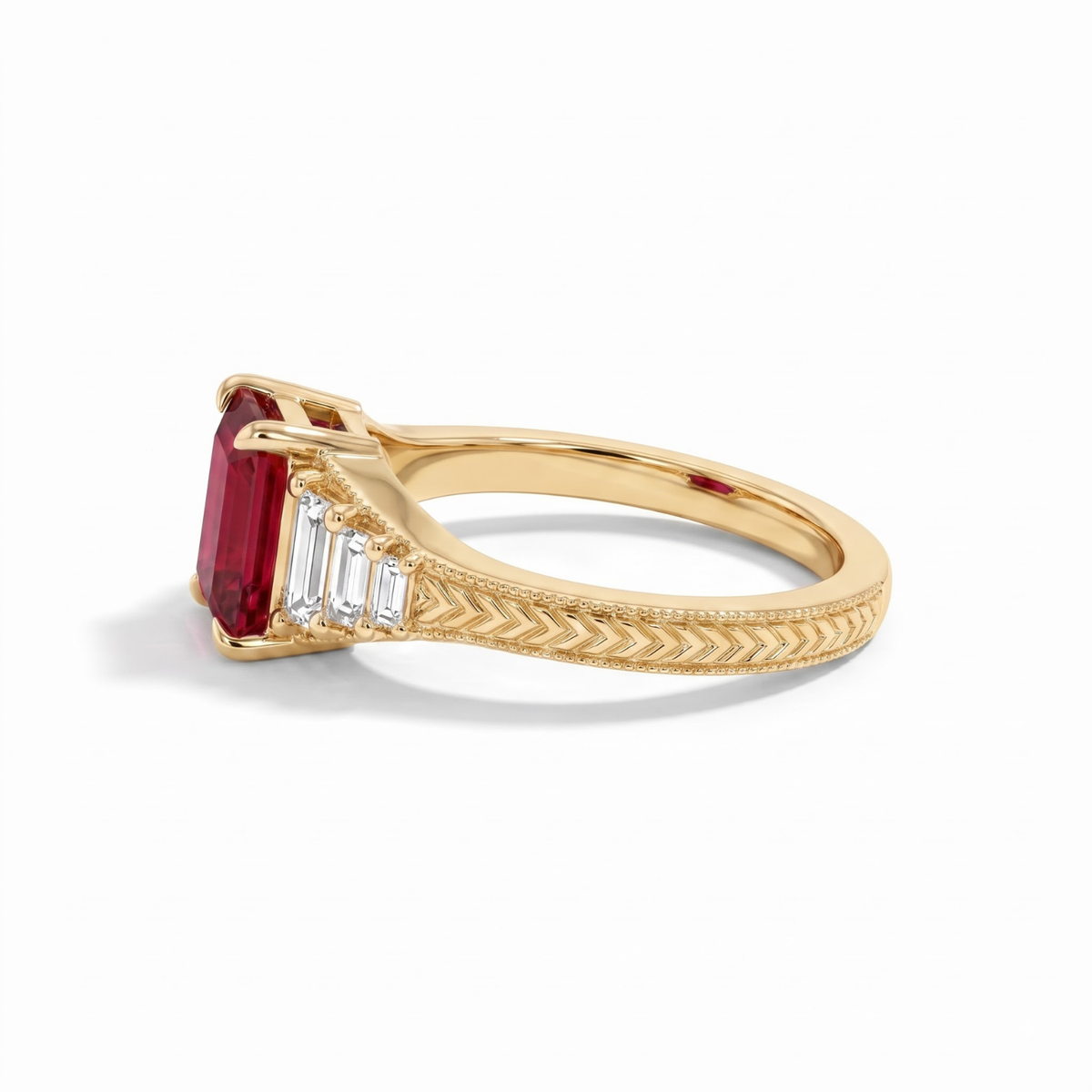 Octagon Sapphire, Emerald, Ruby and Lab Diamond 14K Yellow Gold Tapered Band Engagement Ring