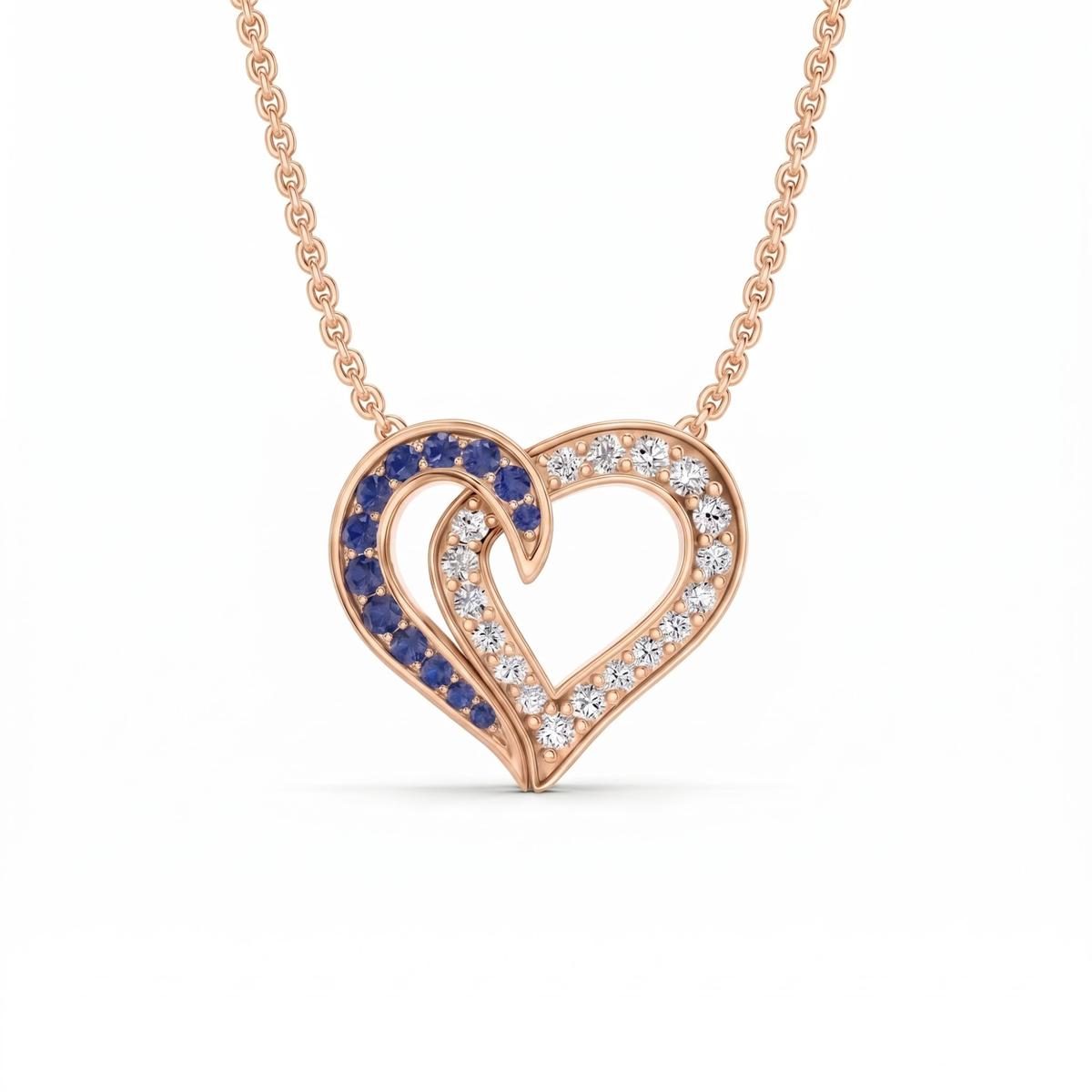 0.64 Cttw Round Blue Sapphire and Lab Grown Diamond 14K Gold Pave Open Heart Pendant Necklace