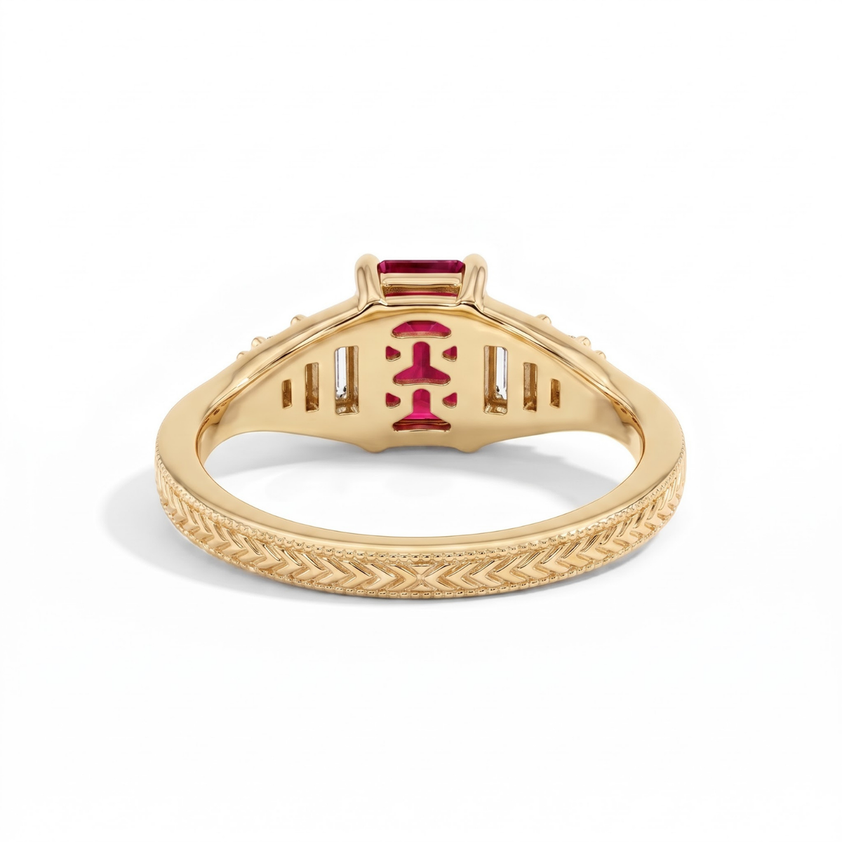 Octagon Sapphire, Emerald, Ruby and Lab Diamond 14K Yellow Gold Tapered Band Engagement Ring
