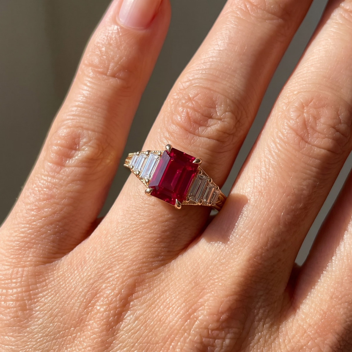 Octagon Sapphire, Emerald, Ruby and Lab Diamond 14K Yellow Gold Tapered Band Engagement Ring