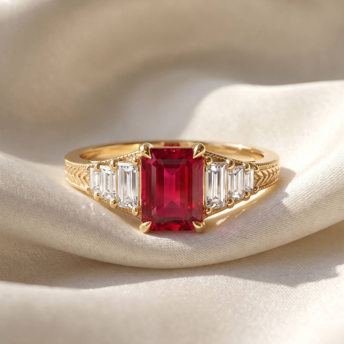 Octagon Sapphire, Emerald, Ruby and Lab Diamond 14K Yellow Gold Tapered Band Engagement Ring