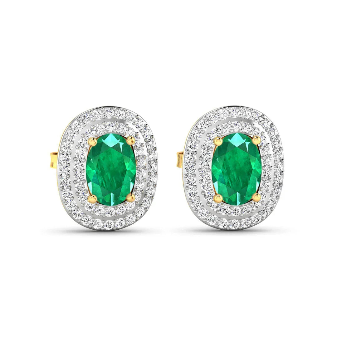 Genuine Diamond and Zambian Emerald 14k Gold Studs