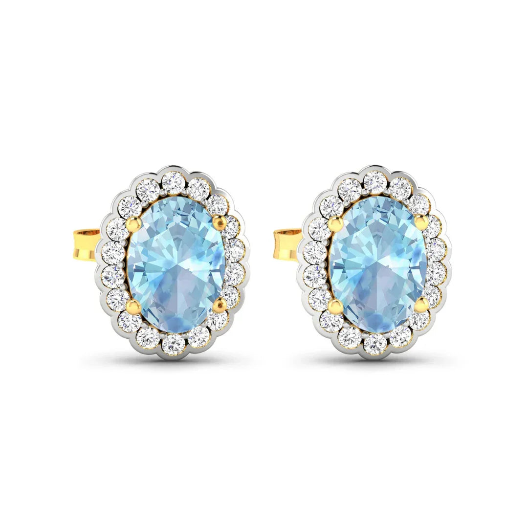 Genuine Aquamarine Diamond Oval Stud Earrings