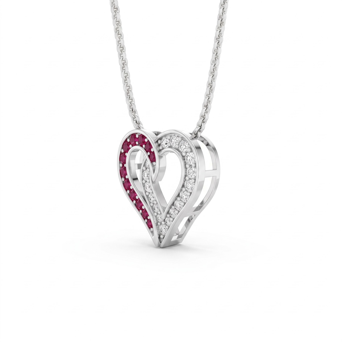 0.64 cttw Round Red Ruby and Lab Grown Diamond 14K Gold Pave Open Heart Pendant Necklace