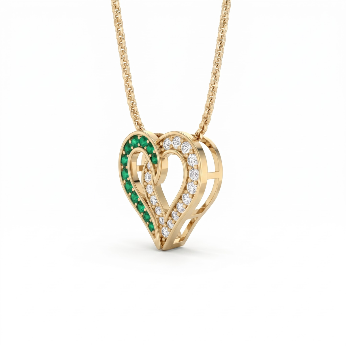0.64 Cttw Round Green Emerald and Lab Grown Diamond 14K Gold Pave Open Heart Pendant Necklace