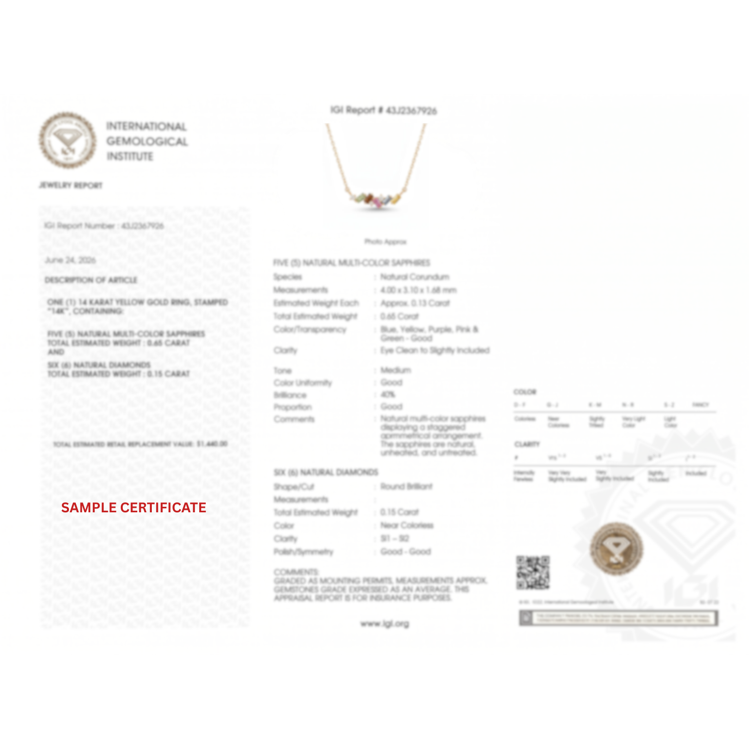 IGI Certified 0.64 Ct Baguette Multi Color Unheated Sapphire and Diamond 14K Yellow Gold Asymmetrical Bar Necklace