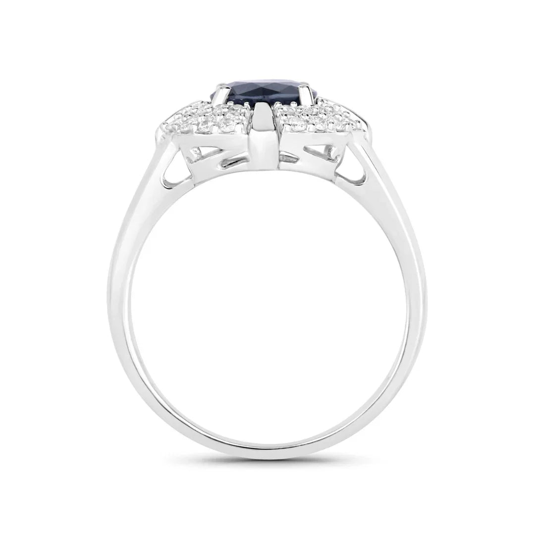 Genuine 10K Blue Sapphire and White Diamond Halo Ring