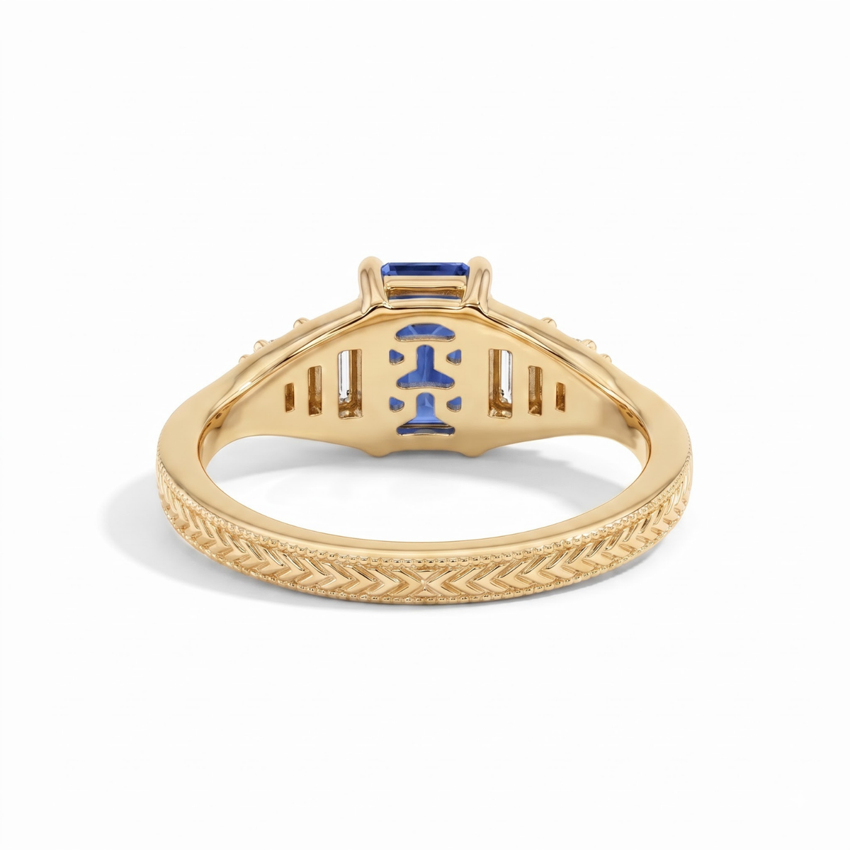 Octagon Sapphire, Emerald, Ruby and Lab Diamond 14K Yellow Gold Tapered Band Engagement Ring