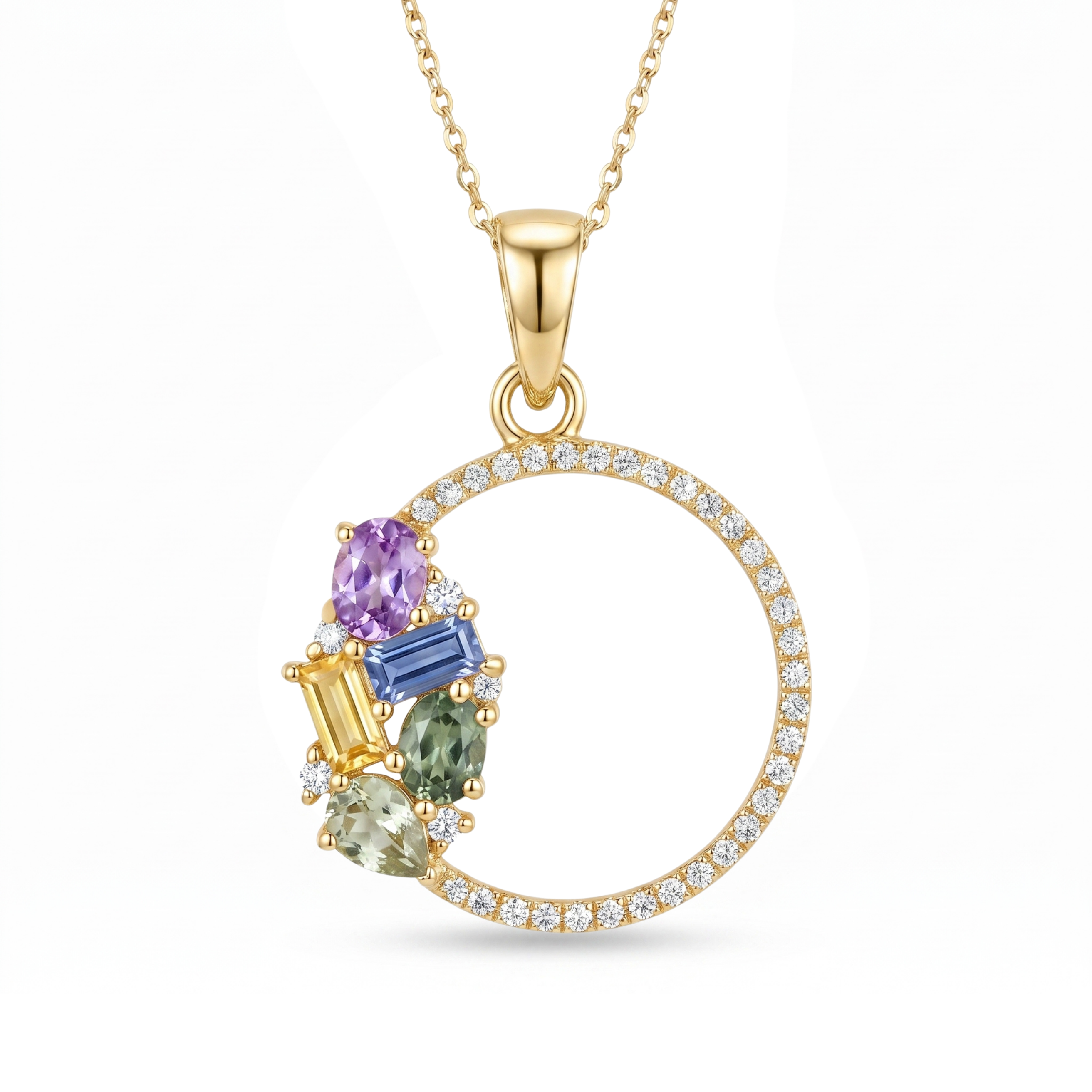 IGI Certified 0.83 Ct Multi Color Unheated Clustered Sapphire Diamond 14K Yellow Gold Wreath Pendant Necklace