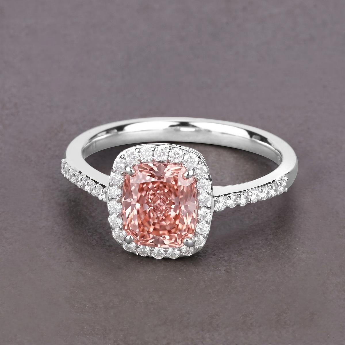 IGI Certified Pink Lab Diamond Center and White Diamond 18K White Gold Ring