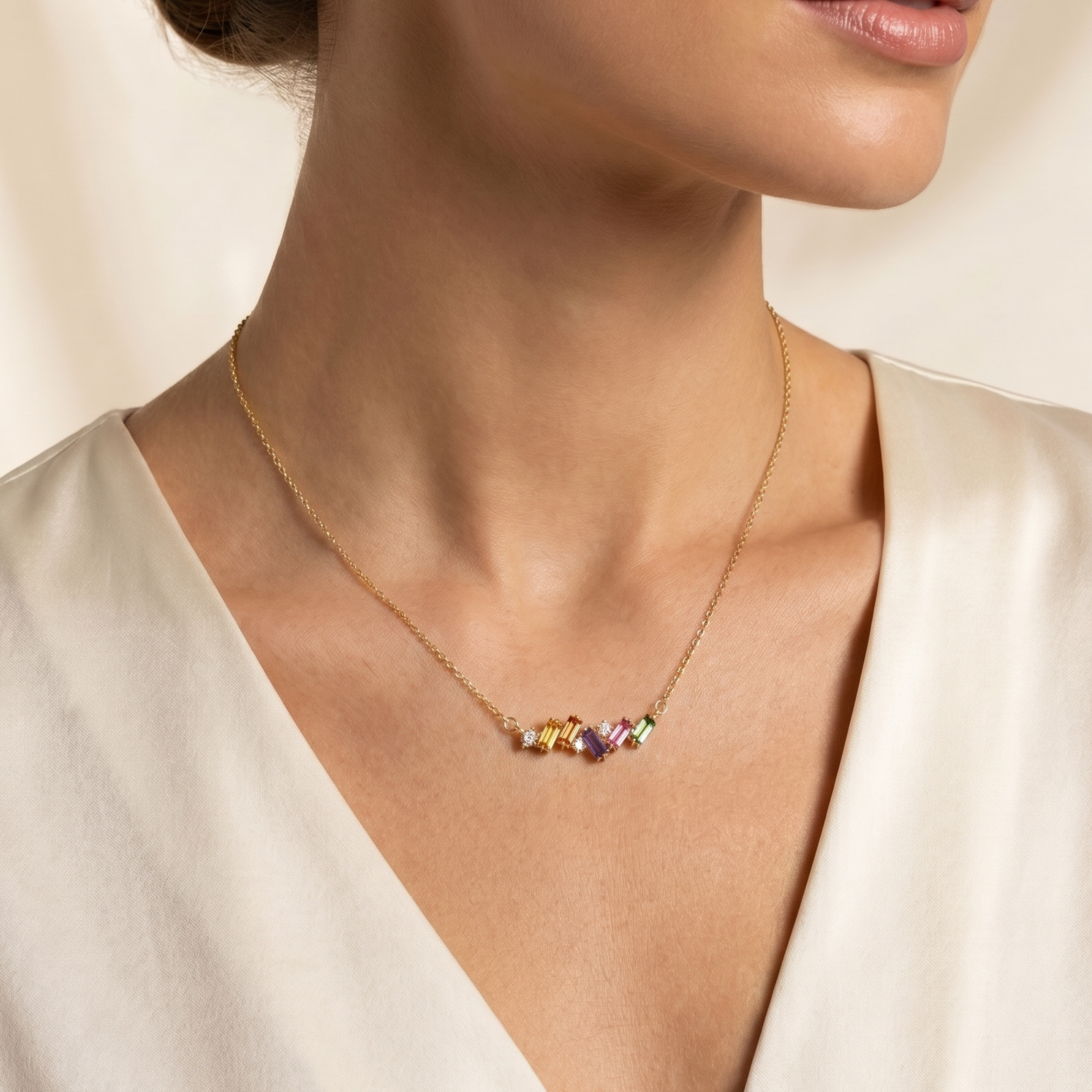 IGI Certified 0.71 Ct Multi Color Unheated Sapphire and Diamond 14K Yellow Gold Baguette Necklace