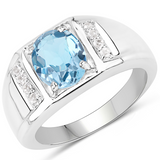 London Blue Topaz with White Topaz Solitaire Sterling Silver Unisex Ring