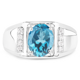 London Blue Topaz with White Topaz Solitaire Sterling Silver Unisex Ring