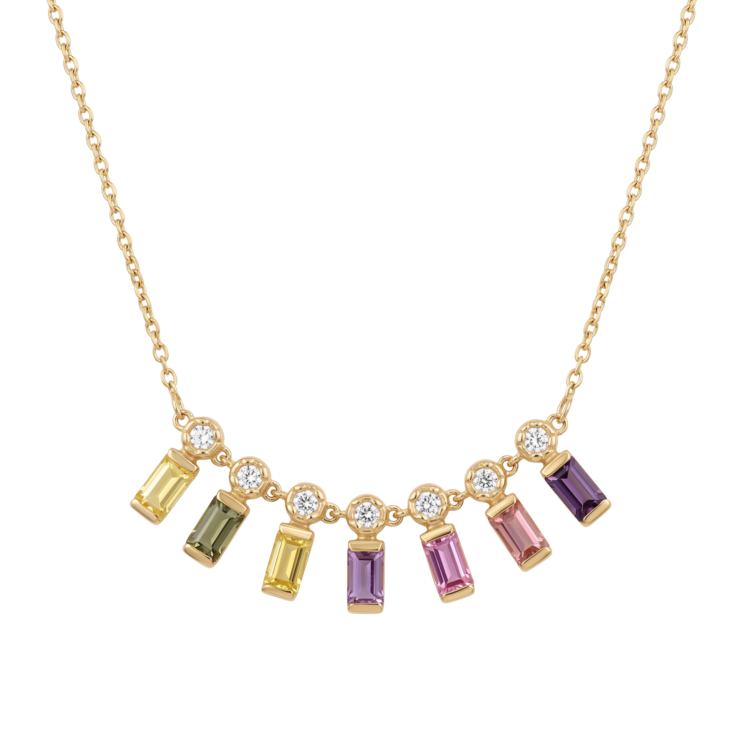 IGI Certified 0.65 Ct Baguette Multi Color Unheated Sapphire Diamond 14K Gold Rainbow Dangler Bar Necklace