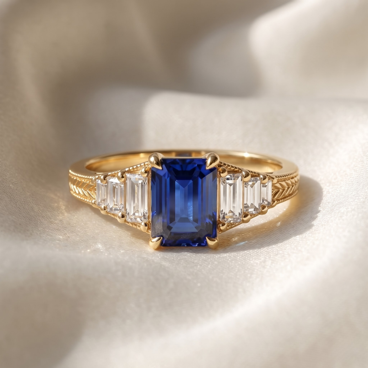 Octagon Sapphire, Emerald, Ruby and Lab Diamond 14K Yellow Gold Tapered Band Engagement Ring