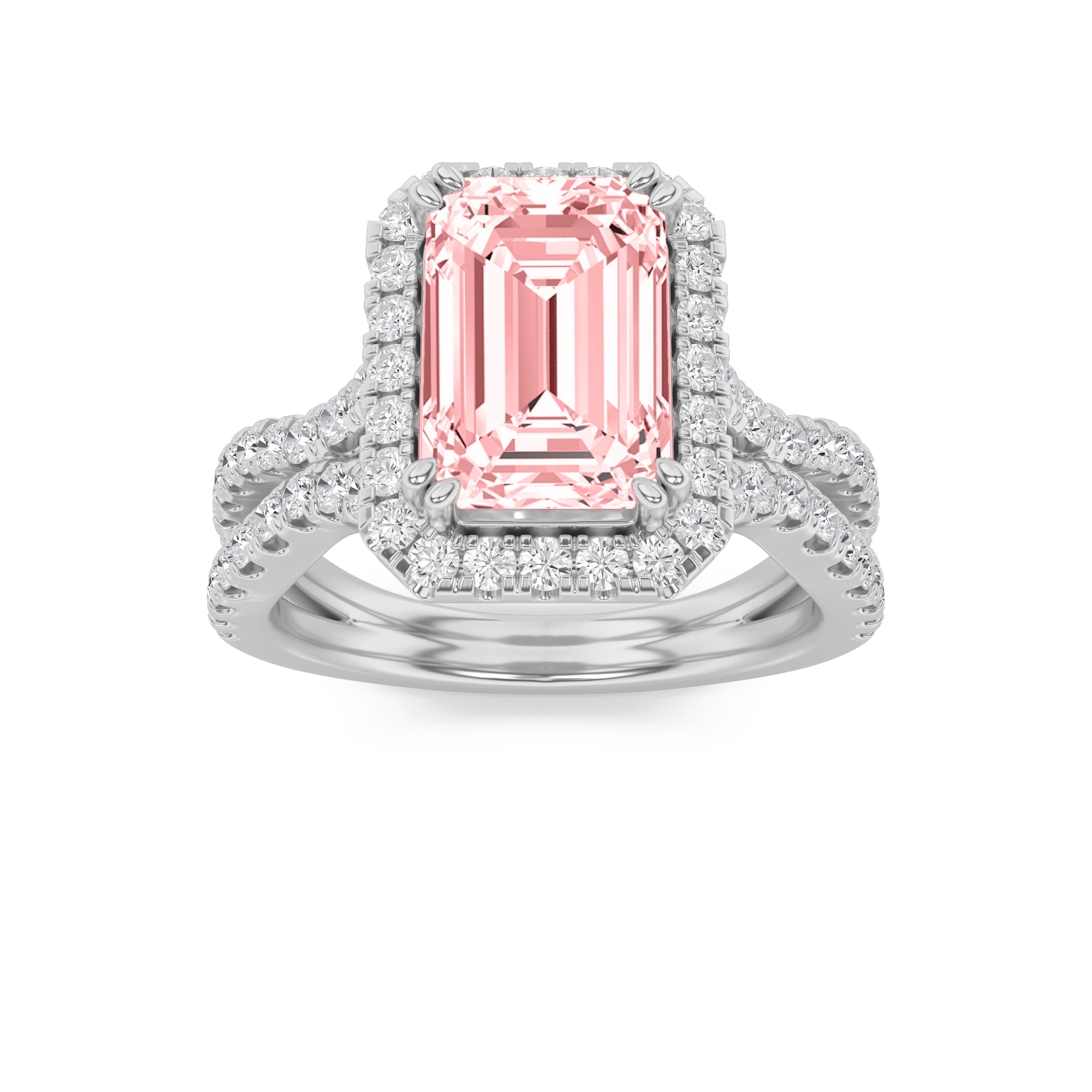 4Cttw Emerald Shaped Lab Grown Diamond (F/VS) Split Shank Halo Engagement Ring in 14K Gold