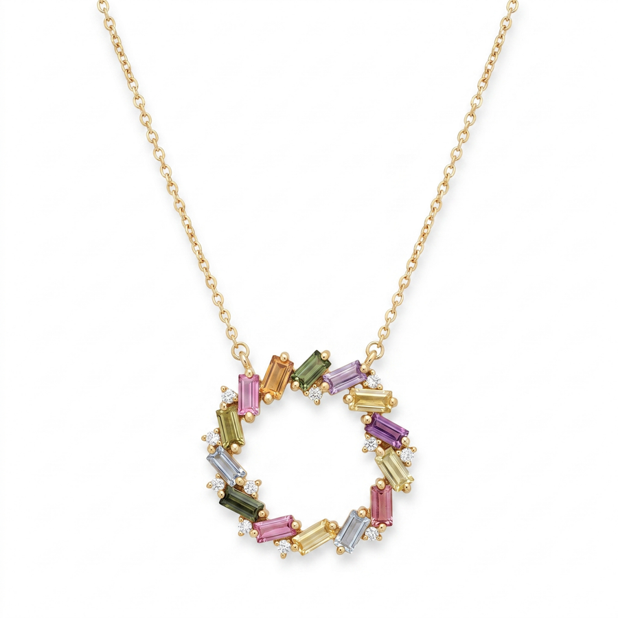 1.71 Ct Multi Color Round Unheated Sapphire Diamond 14K Yellow Gold Circle Wreath Pendant Necklace
