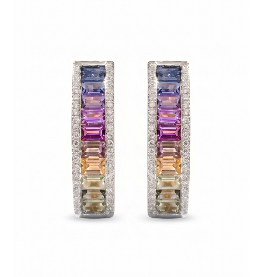 2.13 Ct Multi Color Baguette Unheated Sapphire Diamond channel-set 14K White Gold J Hoop Earrings