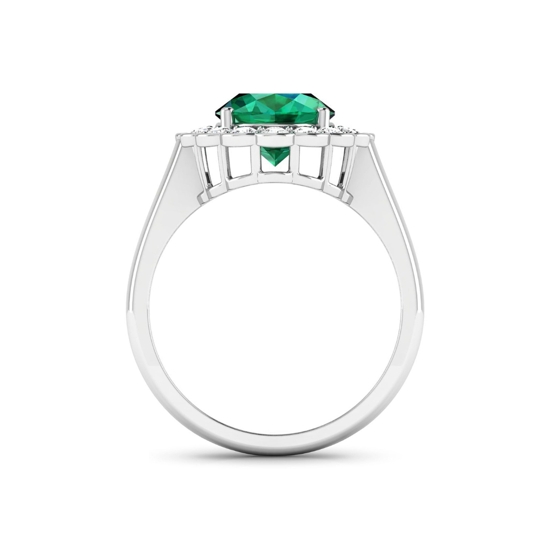 Genuine White Diamond and Zambian Emerald Halo Ring