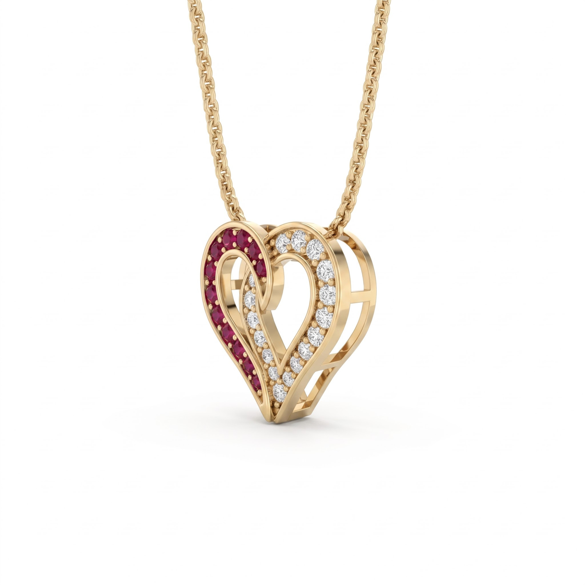 0.64 cttw Round Red Ruby and Lab Grown Diamond 14K Gold Pave Open Heart Pendant Necklace