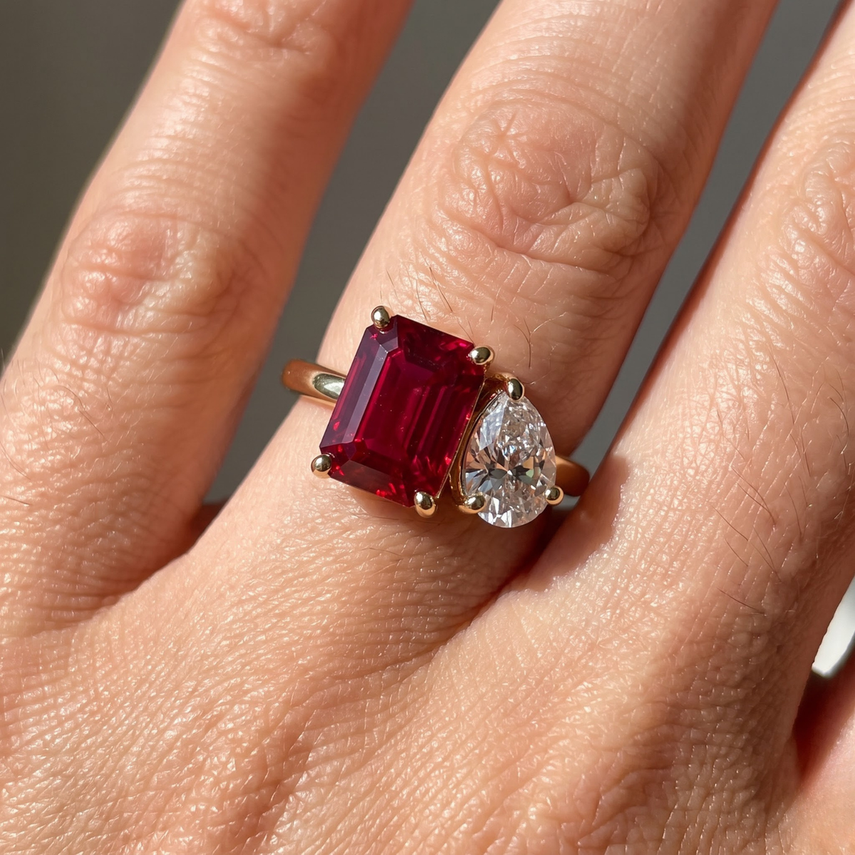 2.450 Cttw Octagon Ruby, Sapphire, Emerald and Lab Diamond 14K Yellow Gold Toi Et Moi Ring